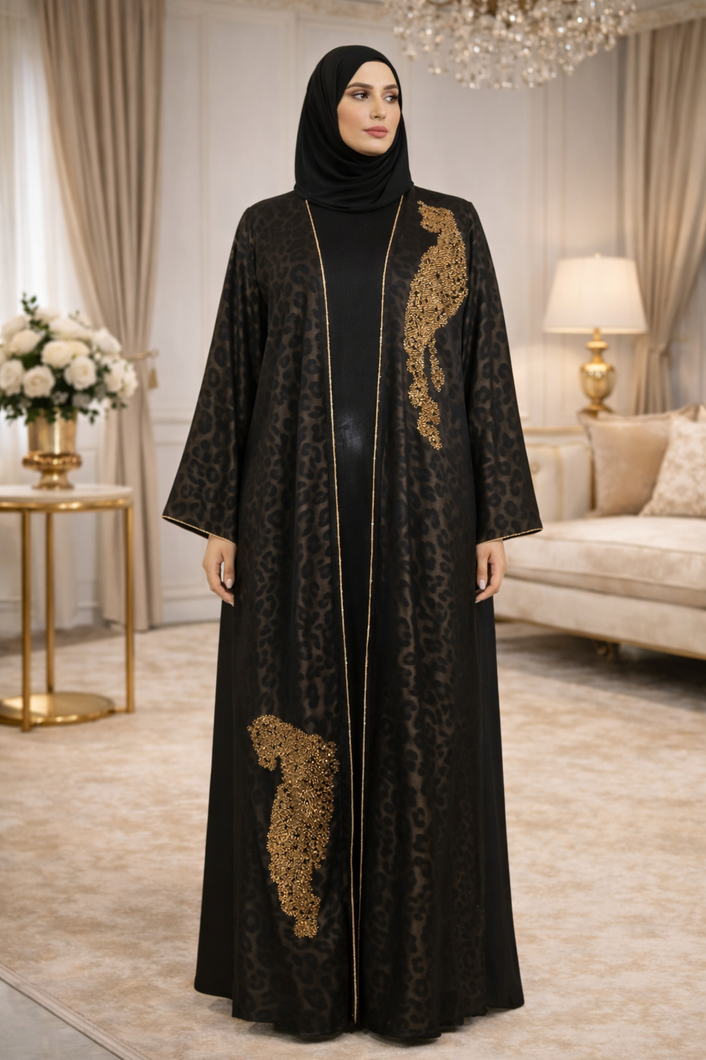 Abaya Dubaï Luxe – Motif Léopard & Strass Dorée