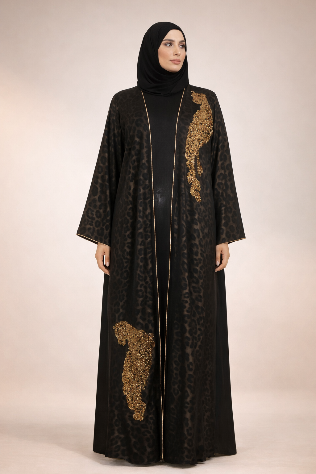 Abaya Dubaï Luxe – Motif Léopard & Strass Dorée