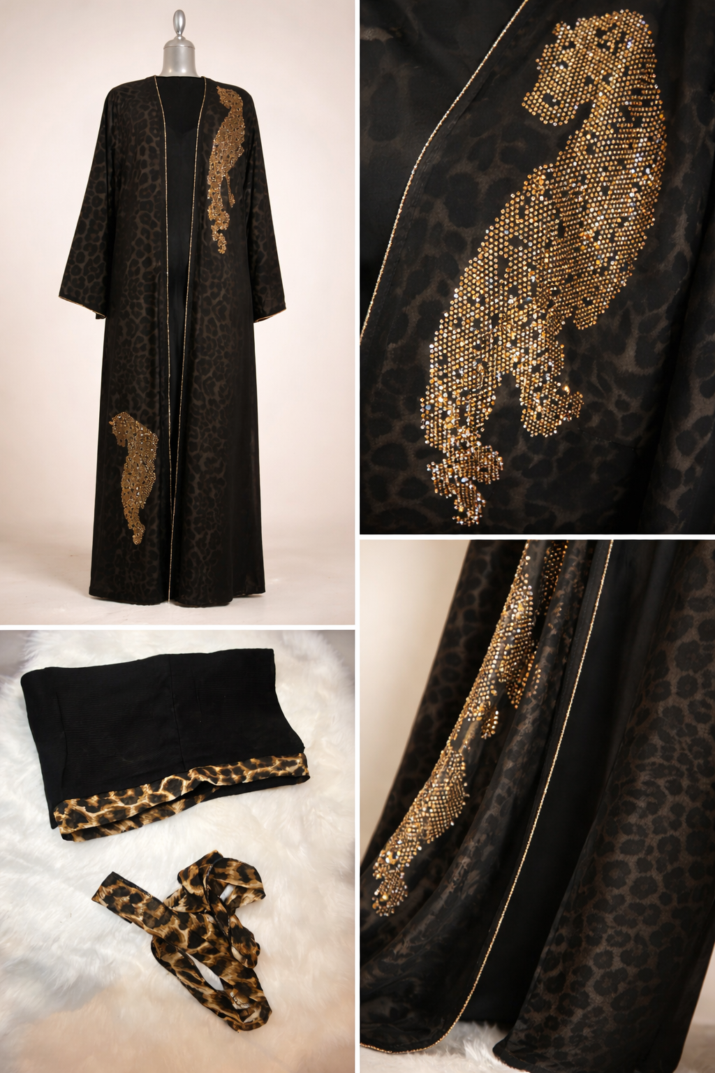 Abaya Dubaï Luxe – Motif Léopard & Strass Dorée