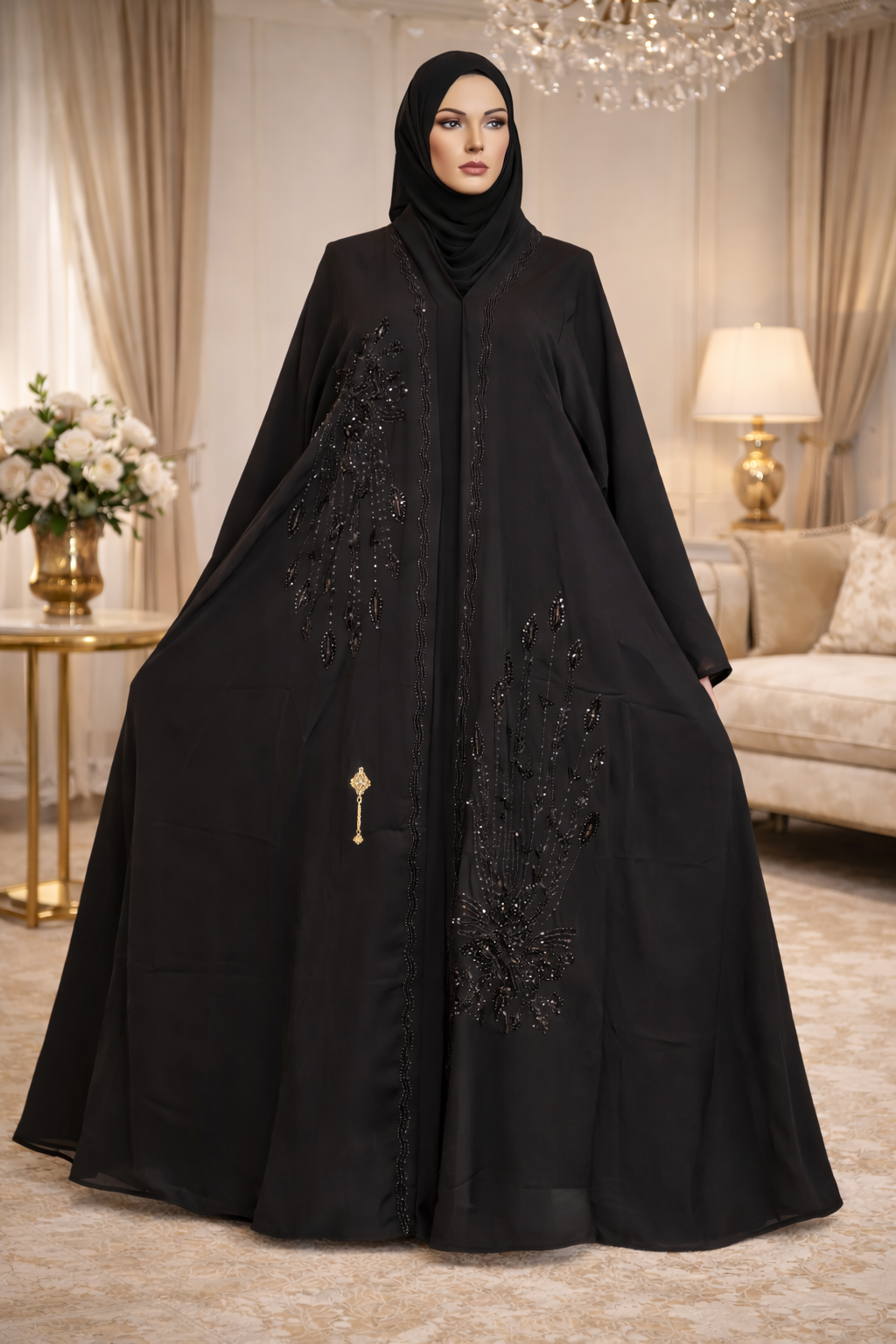 Abaya Dubaï Prestige – Fleurs noir Perlées & Médaillon Élégance